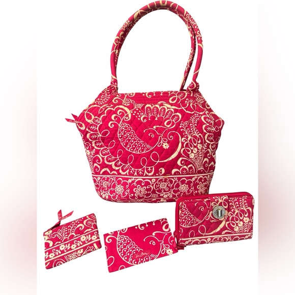 Vera Bradley Twirly Bird Vibrant Pink Quilted Women's Shoulder Bag & Wallet Set - Picture 1 of 16